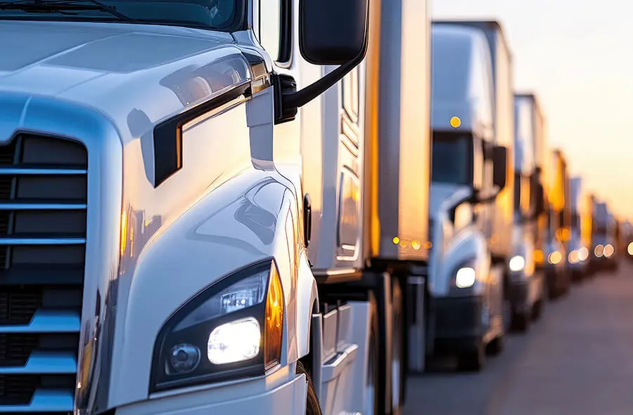 Close-up of white semi-trucks aligned in a row at sunset. The lead truck's headlight is on, reflecting the fading sunlight, suggesting a calm, orderly departure.