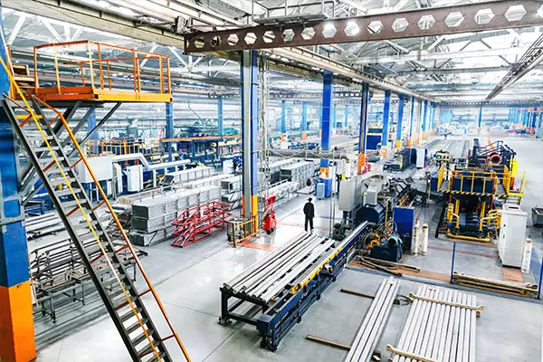 Spacious, well-organized factory interior with rows of machinery, steel beams, and a mezzanine. A lone worker stands, indicating activity. Bright, industrial setting.