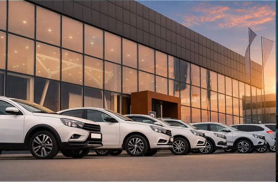 Car Dealership exterior at dusk