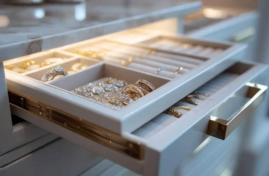 Luxurious, well-lit jewelry drawer displaying rings and necklaces in white compartments. Elegant and organized, with a marble countertop above.