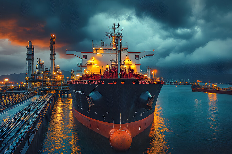 A large oil tanker illuminated at night, floating on calm waters under a starry sky.
